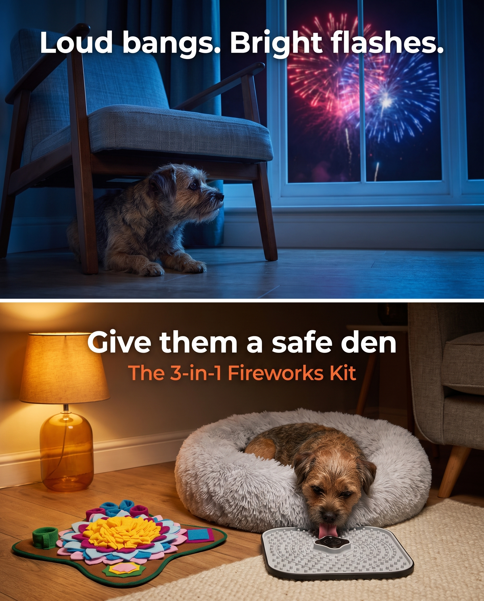 Before and after: a dog hiding from fireworks, then settled in the donut bed