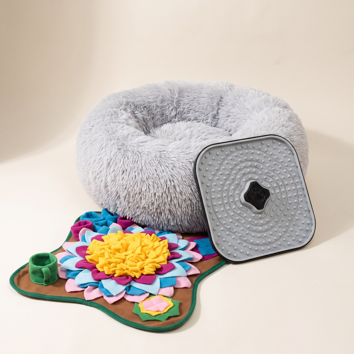 The Fireworks Kit: grey donut bed, snuffle mat and lick mat