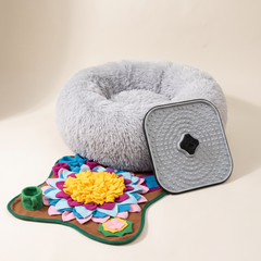 The Fireworks Kit: grey donut bed, snuffle mat and lick mat
