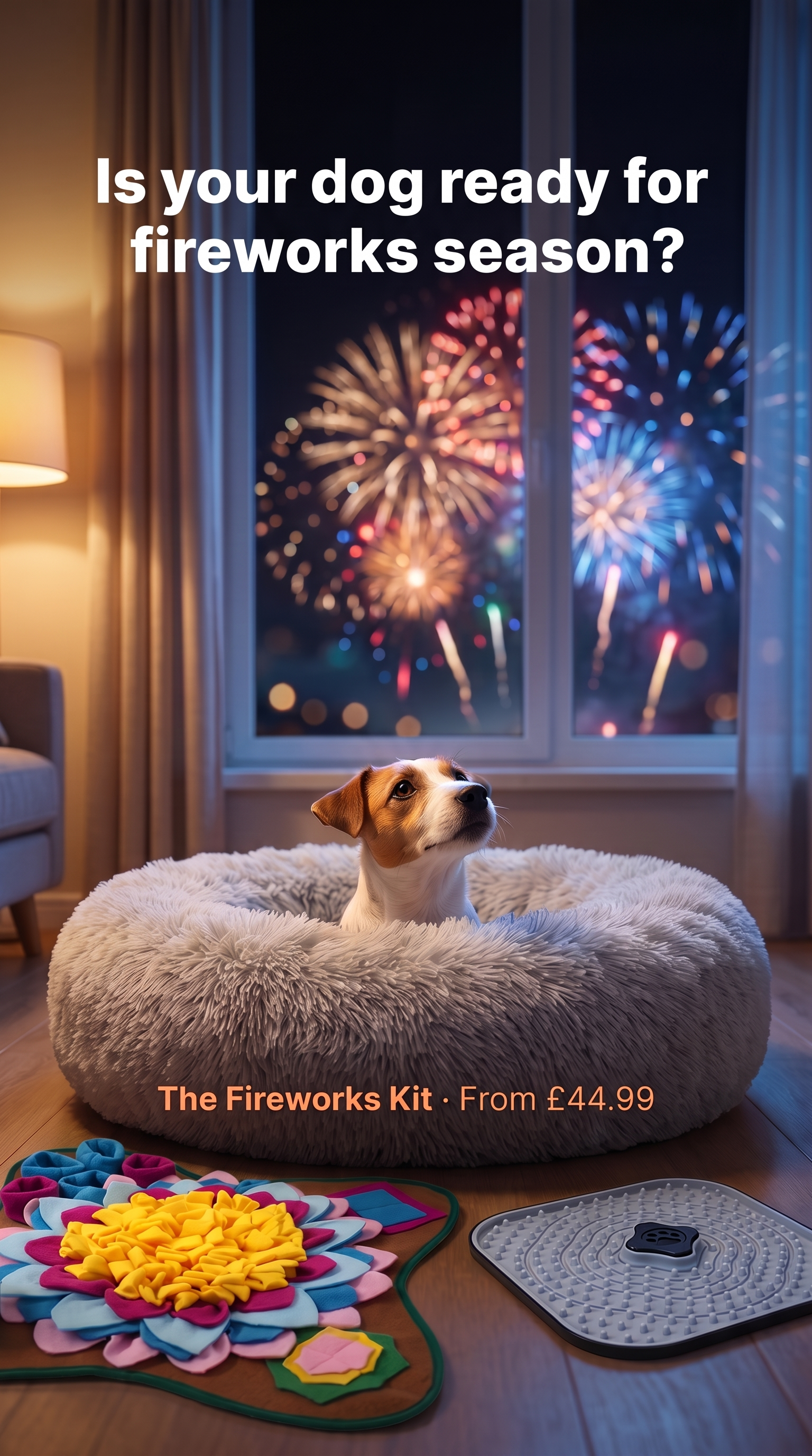 Jack Russell peeking out of the donut bed at fireworks